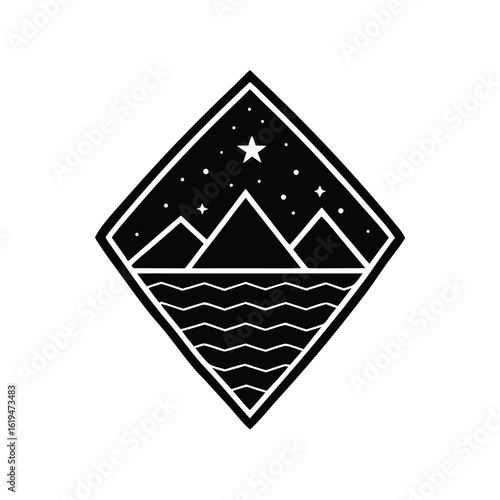 Badge with triangular mountain peak and stars in simple night camping vector style
