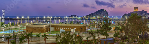 View of the Black Sea, Pier, Marina and Fortress at night and before dawn in Sile, Turkey. Seascape