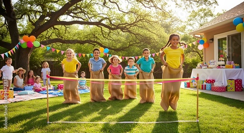 Kids Playing Sack Race in Bright Outdoor Backyard Celebration with Decorations