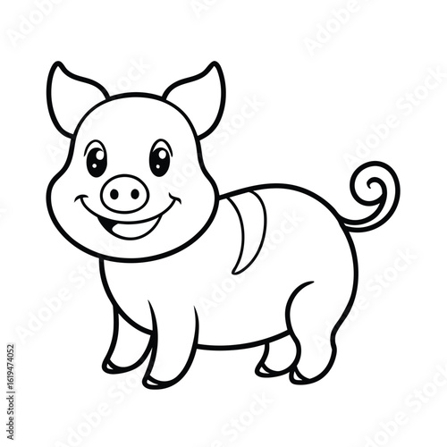 Cute piglet cartoon with curly tail and smiling face in simple farm vector design