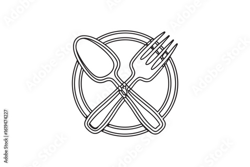 Minimalist line art illustration of a crossed spoon and fork on a plate suitable for restaurant menus culinary blogs or food related designs 