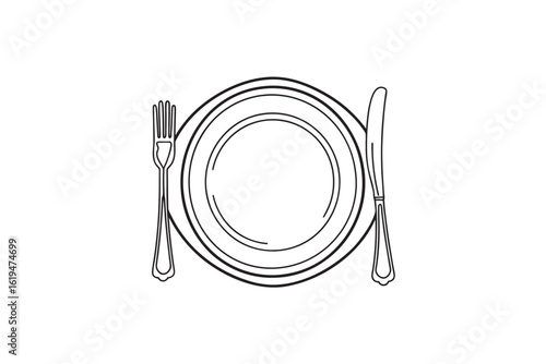 Elegant Place Setting Illustration Clean Line Art of Plate Fork and Knife for Menu Design and Culinary Projects perfect for restaurant or food blog graphics