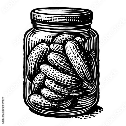 Glass Jar Full of Pickles or Cucumbers Preserved Black and White Outline Line Art Drawing Vintage Engraving