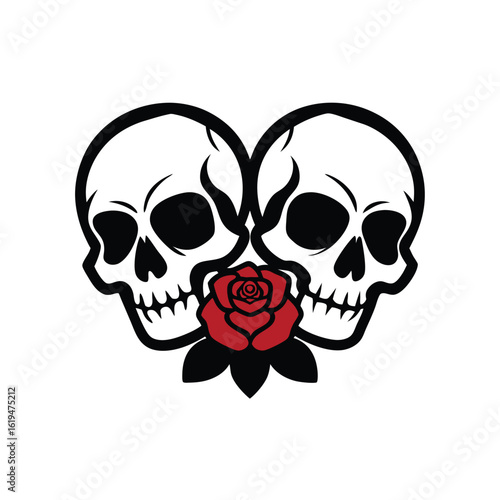 Skulls with mirrored roses in engraved tattoo style perfect for gothic themed design