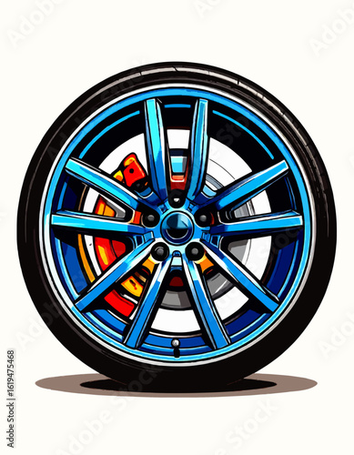 Cartoon Vector Illustration of a Blue Sport Car Wheel Rim with Colorful Brake Caliper