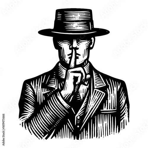 Black and White Outline Line Art Drawing Man in Hat Finger on Lips Signaling Silence Engraving Style