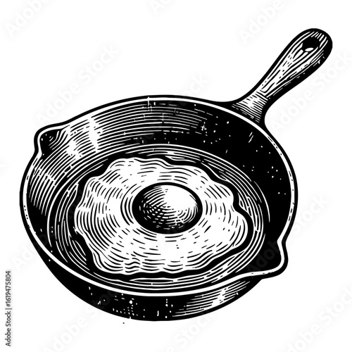 Cooked Fried Egg in Frying Pan Black and White Outline Line Art Drawing Vintage Engraved Style Food Object