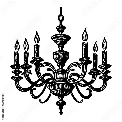Ornate Chandelier with Lit Candles Vintage Black and White Outline Line Art Drawing for Home Decor