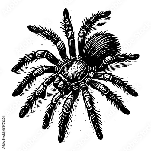 Creepy Tarantula Spider Top View Isolated Vintage Black and White Outline Line Art Drawing Engraving