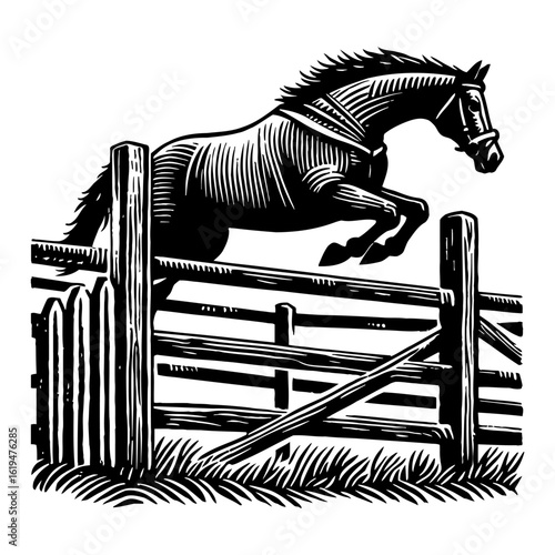 Powerful Horse Jumping Over Wooden Fence in Classic Black and White Outline Line Art Drawing