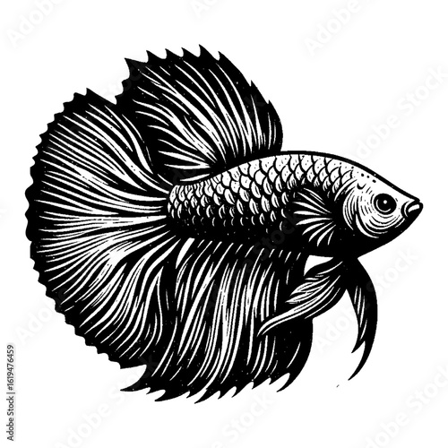 Stunning Siamese Fighting Fish Betta Majestic Aquatic Creature Black and White Outline Line Art Drawing
