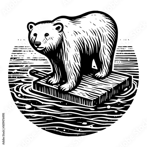Polar Bear Standing on a Floating Wooden Raft in Water Black and White Outline Line Art Drawing