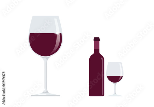Wine bottle and two glasses filled with red wine drink Vector illustration of