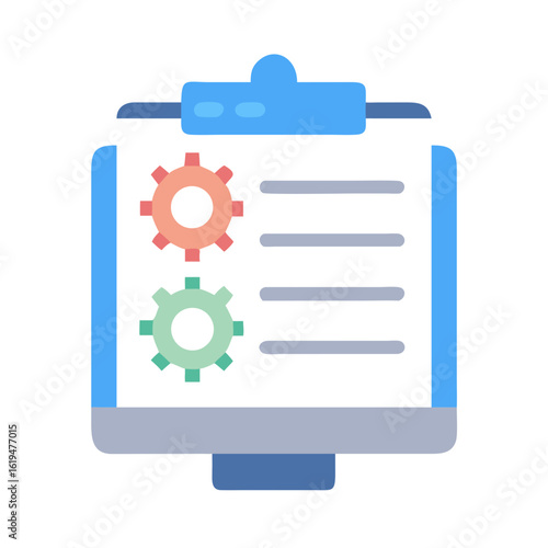 Process management clipboard with gears and list items illustration