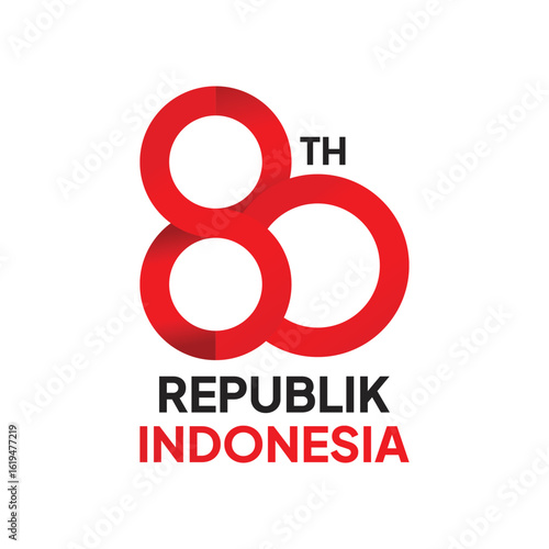 Red intertwined "80th" above "REPUBLIK INDONESIA" in bold black and red text, centered on a white background, creating a celebratory, graphic design.
