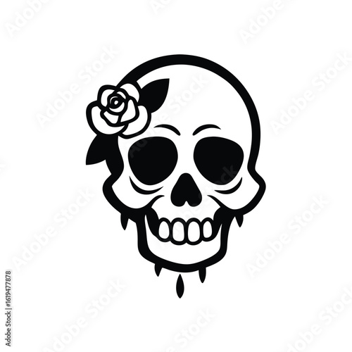 Skull with drooping roses in hand drawn sketch tattoo style perfect for gothic artwork  