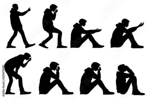 A collection of silhouettes featuring a man in various poses of distress. A conceptual graphic for themes of despair, loneliness, and mental health struggles.