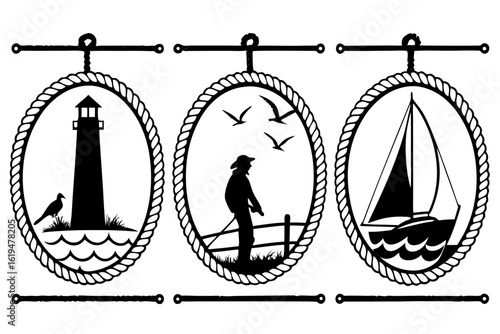 Collection of nautical themed silhouette signs. Vector icons of a lighthouse, sailor, and sailboat in rope frames.