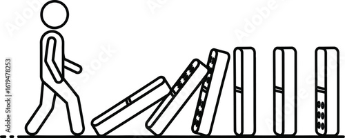 Domino effect dominoes falling stick figure chain reaction business