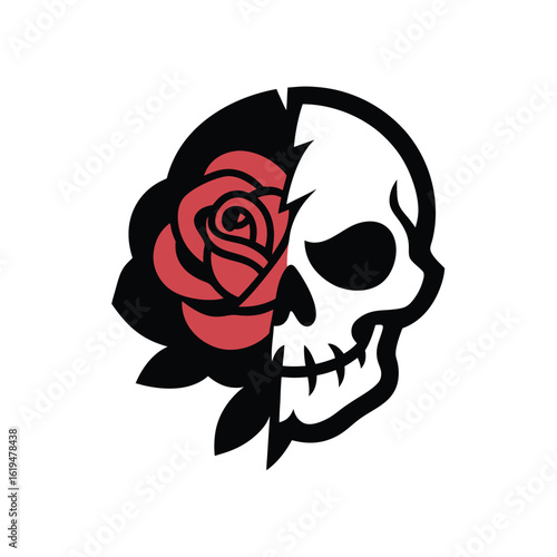 Half skull and blooming rose fusion design in gothic style perfect for tattoo artwork  