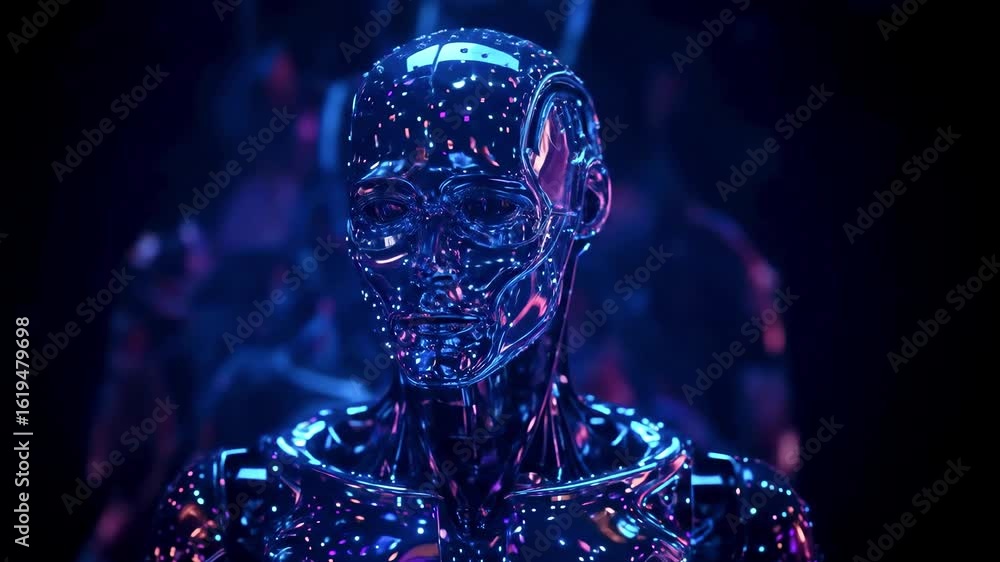 Futuristic humanoid robot with glowing circuits in a vibrant digital environment, showcasing advanced technology