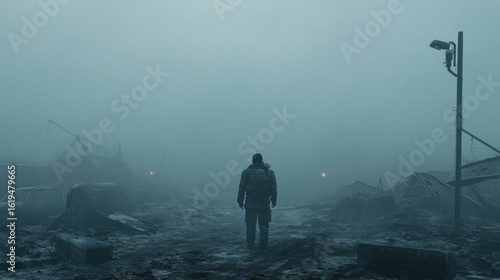 Alone survivor walks through a post-apocalyptic landscape shrouded in fog.