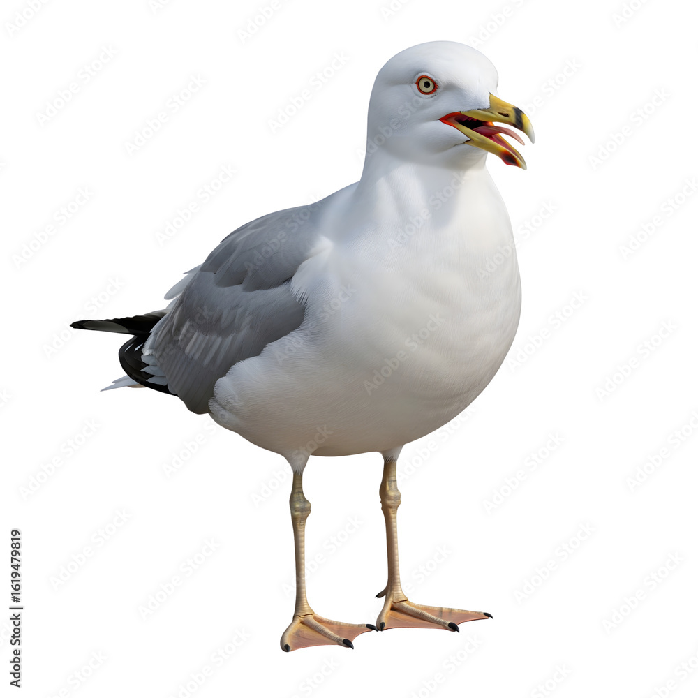 Fototapeta premium Ring-billed Gull bird image with open beak and gray wings isolated on transparent background