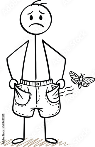 Stick figure poor broke with moth empty pockets financial problems