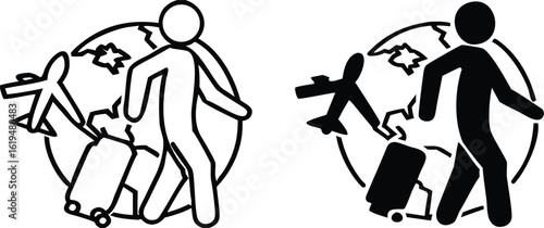 Traveling icons. Black and White Vector Icons. Tourist with Suitcase, Globe, and Flying Airplane
