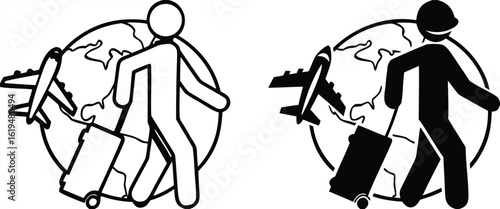 Traveling icons. Black and White Vector Icons. Tourist with Suitcase, Globe, and Flying Airplane
