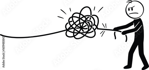 Stick figure pulling tangled knot rope problem solving frustration