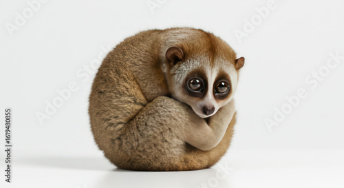 Adorable Slow Loris Curled Up on a White Background.