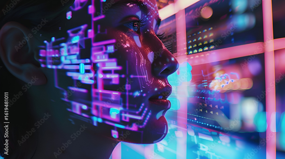 Obraz premium Futuristic woman immersed in vibrant digital data streams and glowing neon interfaces