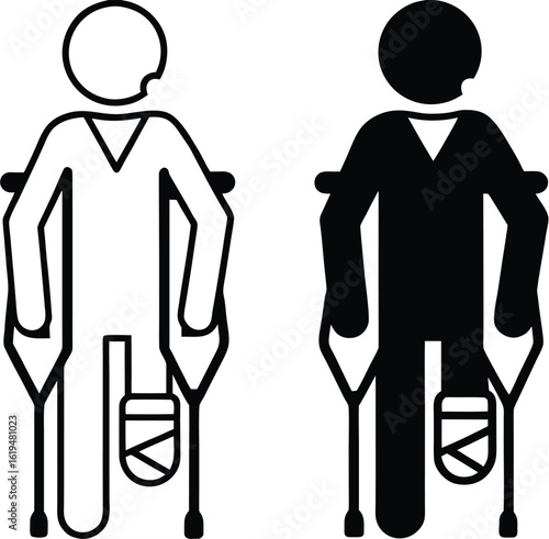 Crutches Icons. Black and White Vector Illustration. Man With Leg Cast Moves On Crutches. Injury, Illness, Medicine. Disability Concept
