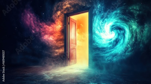An open doorway leading to a vibrant, otherworldly realm, with swirling nebulae and celestial light emerging from the opening.