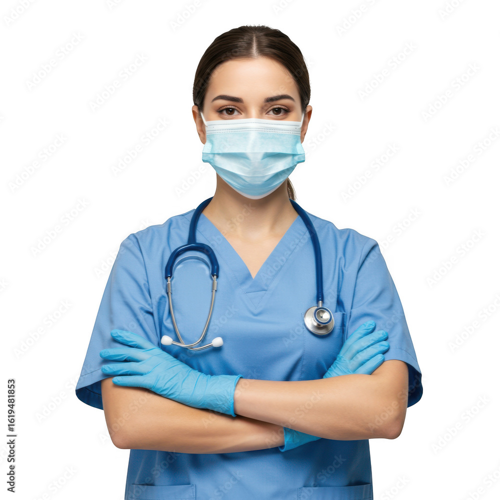 A dedicated medical professional wearing a light blue scrub suit and a protective face mask with a stethoscope isolated on transparent background A dedicated medical professional wearing a light blue scrub suit and a protective face mask with a stethoscope isolated on transparent background
