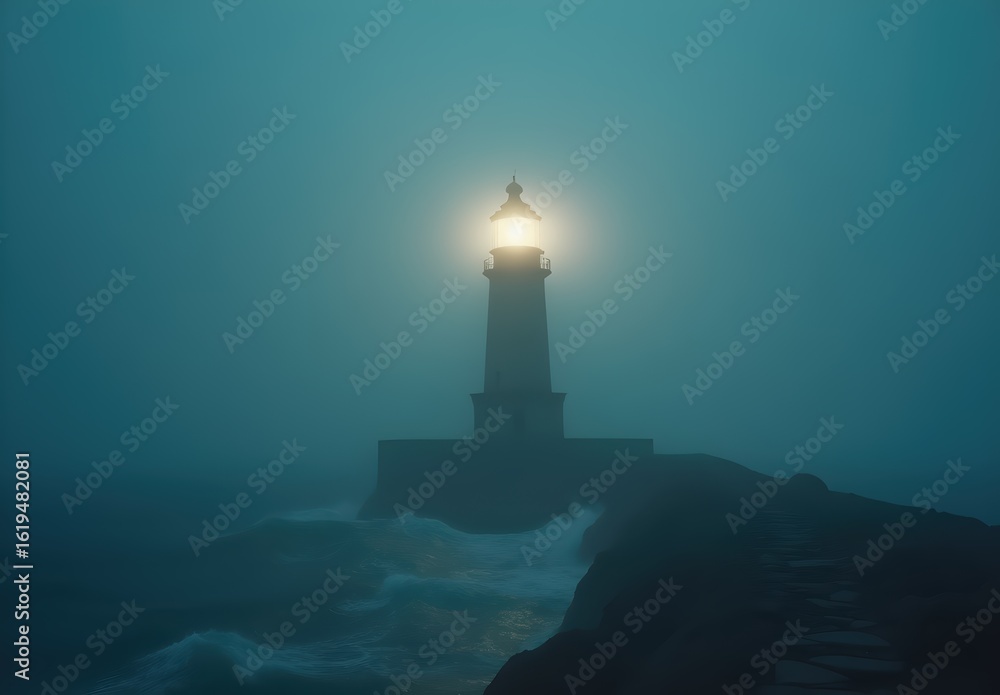 Fototapeta premium Lighthouse in Fog with Ocean Waves