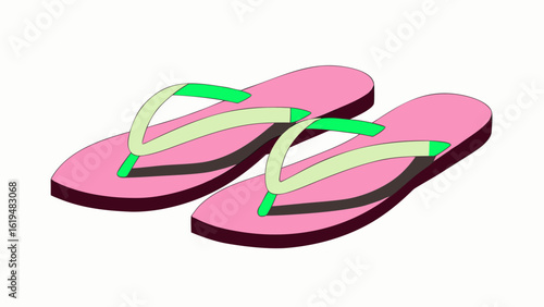 A pair of pink flip flops with light green and dark green straps resting on a white background