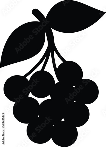 A simple black silhouette icon of a berry cluster with leaves. Vector graphic fruit.