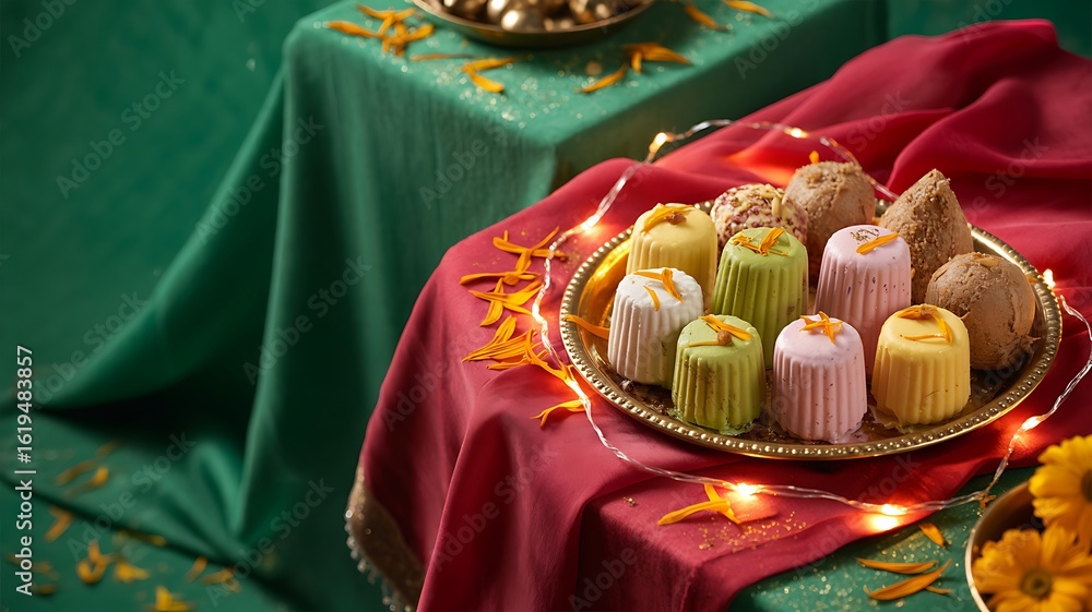 Fototapeta premium Festive Kulfi Dessert Table Colorful Indian desserts on festive table