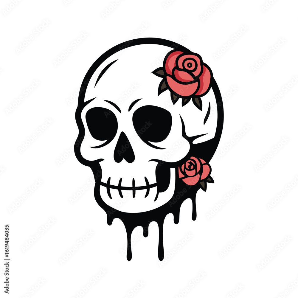 Fototapeta premium Horror themed skull melting with bleeding roses in scary engraved tattoo vector style 