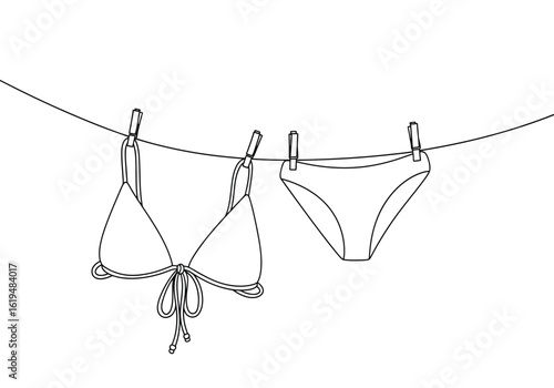 Bikini drying on a clothesline with clothespins swimsuit swimwear Vector illustration of