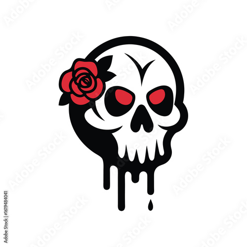Melting skull with bleeding roses in horror tattoo style for dark gothic themed design  