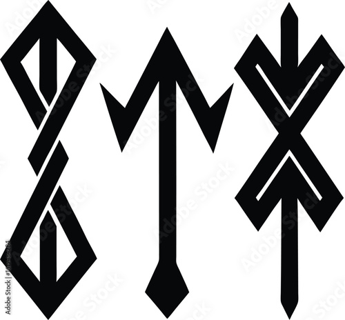 Three black ancient rune symbols, mystic icons for design on a white background