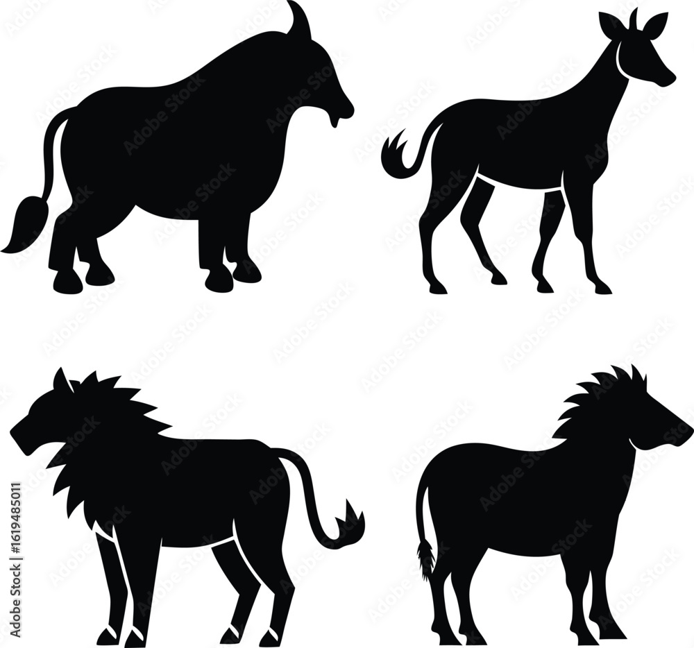 Fototapeta premium Set of four wild animal silhouettes. Black vector icons of a bull, antelope, gnu, and zebra.