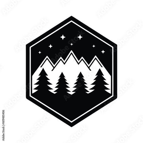 Adventure badge with pine forest and distant mountain in outdoor exploration vector  