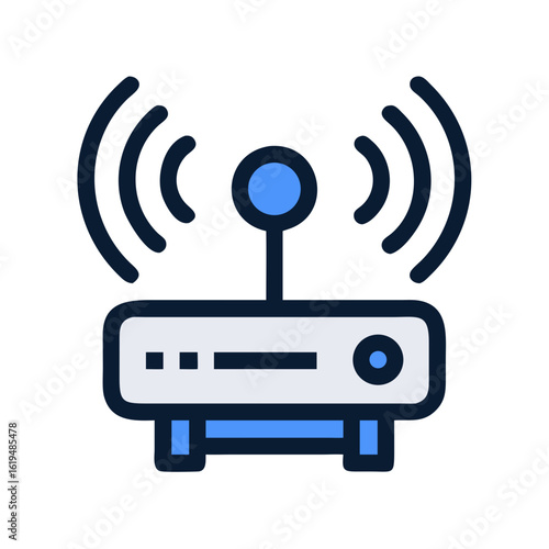 Blue router broadcasting WiFi signal on black background