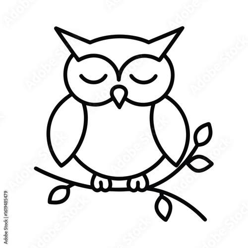 Peaceful cartoon owl resting on branch with closed eyes in outlined vector design  