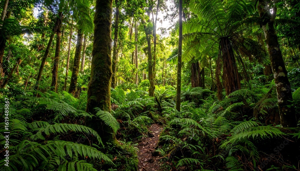 Fototapeta premium Lush green forest path, sunlight filtering through canopy