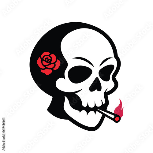 Skull smoking a rose cigarette in dark tattoo style for gothic edgy vector artwork  